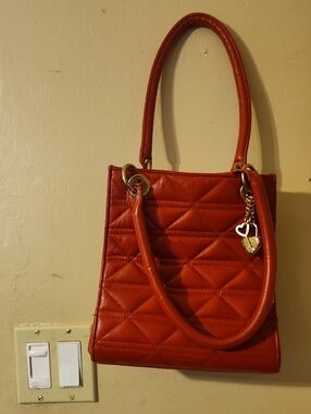 Women's Quilted Red Tote Bag with Heart Charm